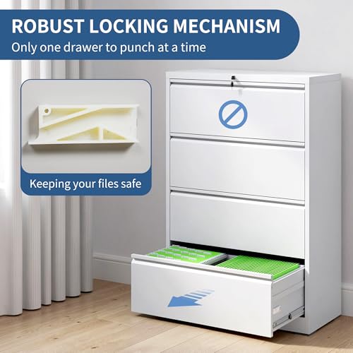 4 Drawer File Cabinet with Lock, Metal Lateral Filing Cabinets - color: White, size: 4 Drawer_ 26"W