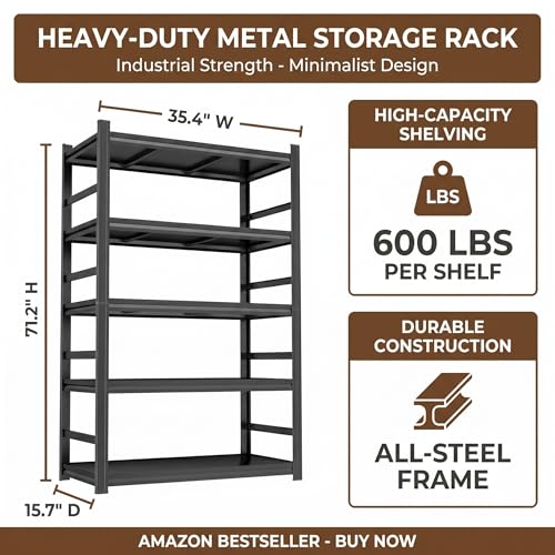 5 Tier Metal Book Shelf, Adjustable Tall Bookcase with Anti-Drop Fence | 72"H Heavy Duty 3000LBS Modern Deep Bookshelf, Bolt-Free Storage Shelves for Living Room, Home Office, Garage - size: Upgraded-36"W x 16"D x 72"H