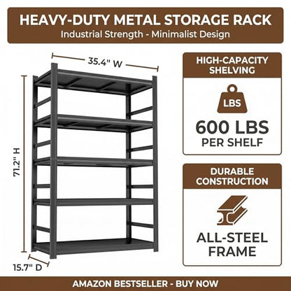 5 Tier Metal Book Shelf, Adjustable Tall Bookcase with Anti-Drop Fence | 72"H Heavy Duty 3000LBS Modern Deep Bookshelf, Bolt-Free Storage Shelves for Living Room, Home Office, Garage - size: Upgraded-36"W x 16"D x 72"H