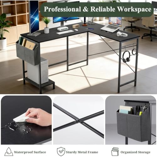L Shaped Desk, 50 Inch Reversible Computer Desk with CPU Stand - color: Deep Black