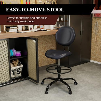 Drafting Chair with Back Support, Tall Desk Rolling Stool (Black, Set of 2) | Armless High Faux Leather Office Chair with Footrest Ring, Height Adjustable, Suitable for Standing Desk, Workbench, Studios - size: 2PK