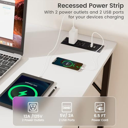 COSTWAY Home Office Desk, 32 Inch Computer Desk with Recessed Power Strip, Storage Bag & Headphone Hook, Wide Desktop, Modern Computer Workstation Writing Table for Home, Office (White + Black) - color: White + Black