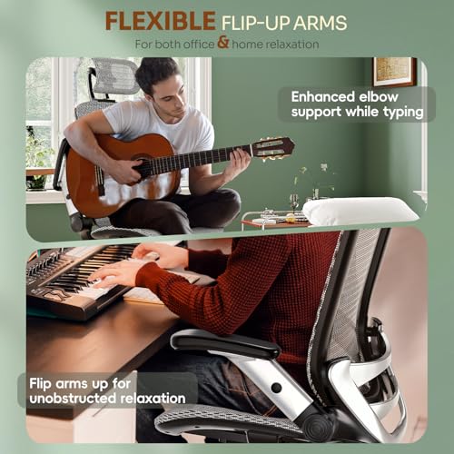 GABRYLLY Ergonomic Office Chair, High Back Home Desk Chair with Headrest, Flip-Up Arms, 90-120° Tilt Lock and Wide Cushion, Big and Tall Mesh Chairs for Man Woman, Grey Task Chair - color: Grey
