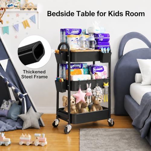3 Tier Metal Heavy Duty Rolling Cart with Wheels & Wood Table Top, Black | Three-Tiered Organizer on Wheels, Storage Utility Cart for Craft, Art, Diaper Caddy, Baby Nursery, Office, Laundry,Snack,Book - color: Black