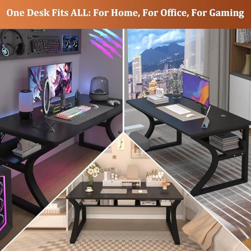47'' Computer Desk w/Storage & Cable Management, Home Office Desk w/Sturdy U-Shaped Metal Frame & Water-Resistant Scratchproof Surface, Study Writing Desk for Office & Bedroom, Black - size: 47inch-Black