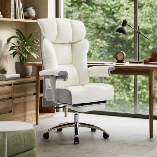 Efomao Big and Tall Executive Office Chair 450lbs,White | 5.9" Thick Pocket Spring Cushion, Reclining Breathable PU Leather Desk Chair with Foot Rest, Soft Comfortable Support - color: 3060eu-white