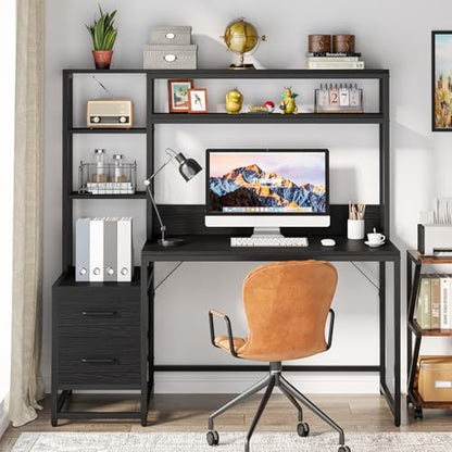 Tribesigns 55 Inch Computer Desk with 2 Drawers and Storage Shelves, Rustic Office Desk with Hutch, Study Writing Gaming Table Laptop Workstation for Home Office (Black) - color: Black