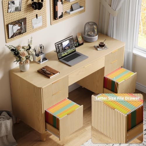 55.1" Fluted Executive Desk with Drawers, Wood Computer Desk with Storage Cabinet, Home Office Desk with Charging Station, Farmhouse Desk with File Cabinet for Office Home (Nature) - color: Nature With 4 Legs