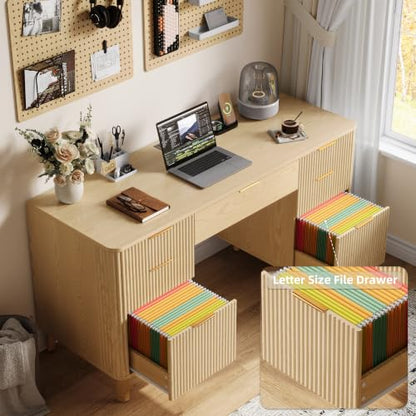 55.1" Fluted Executive Desk with Drawers, Wood Computer Desk with Storage Cabinet, Home Office Desk with Charging Station, Farmhouse Desk with File Cabinet for Office Home (Nature) - color: Nature With 4 Legs