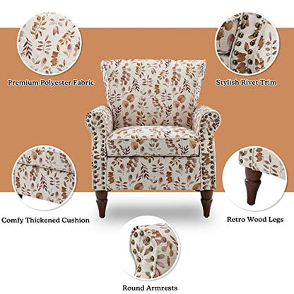 HULALA HOME Traditional Floral Accent Chair with Solid Wood Legs, Yellow | Comfy Upholstered Armchair Reading Chair with Rolled Armrests, Nailhead Trim, Removable Cushion, for Living Room Bedroom - color: Yellow