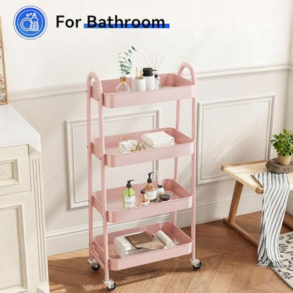 NEWBULIG 4-Tier Metal Rolling Storage Utility Cart with Lockable Wheels - color: Pink, size: 4 Tier