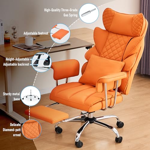 500 Lbs Kneading Massage Office Chair with Foot Rest Reclining | Orange, Ergonomic Computer Chair, High Back Thick Cushion, Big & Tall, Comfy Leather, Heavy Duty Home Executive - color: Orange