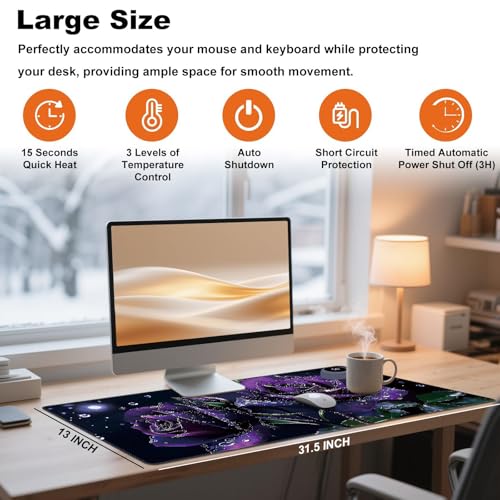 Heated Desk Pad 31.5" x 13" 3 Large Heated Mouse Pad with Heat Levels (40°C/45°C/50°C) & 3H Auto Shut-Off Desk Mat Fast Heating PU Leather Warmer Mousepad for Home Office - Purple Rose Flowers - color: Purple Rose Flowers, size: 31.5 x 13 inch