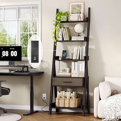 Ladder Shelf, 5 Tier Bookshelf with Fabric Drawer, Power Outlets, Espresso | 70" Industrial Leaning Bookshelf with USB Fast Charging, Wooden Book Shelf for Bedroom Living Room Home Office, Space Saving