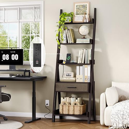 Ladder Shelf, 5 Tier Bookshelf with Fabric Drawer, Power Outlets, Espresso | 70" Industrial Leaning Bookshelf with USB Fast Charging, Wooden Book Shelf for Bedroom Living Room Home Office, Space Saving
