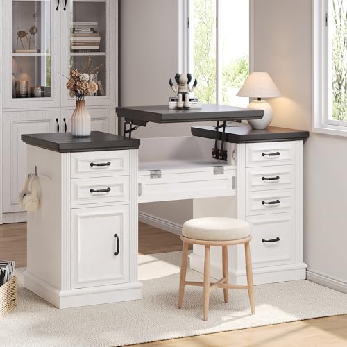 Jocoevol 57" Lift Executive Desk with Drawers, Farmhouse Home Office Desk with File Cabinet Storage, Computer Desk with Charging Station & Headphone Hook for Work/Study/Writing (White & Black, Lift)