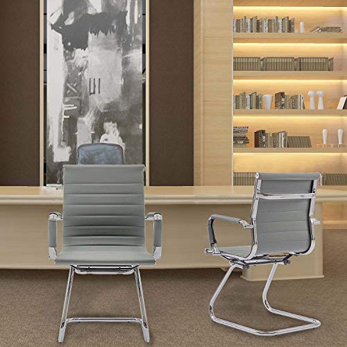 Conference Room Chairs Set of 2, Waiting Room Chairs with Arms, Faux Leather Reception Chairs No Wheels, Office Guest Chairs with Mid Back Support and Chrome Sled Base, Grey - color: Grey, size: 2PCS