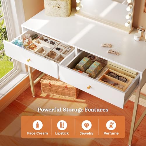 SUPERJARE White and Gold Vanity Desk with Drawers, 47 inch Computer Desk - color: White and Gold, size: 47 inch