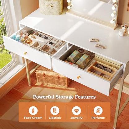 SUPERJARE White and Gold Vanity Desk with Drawers, 47 inch Computer Desk - color: White and Gold, size: 47 inch