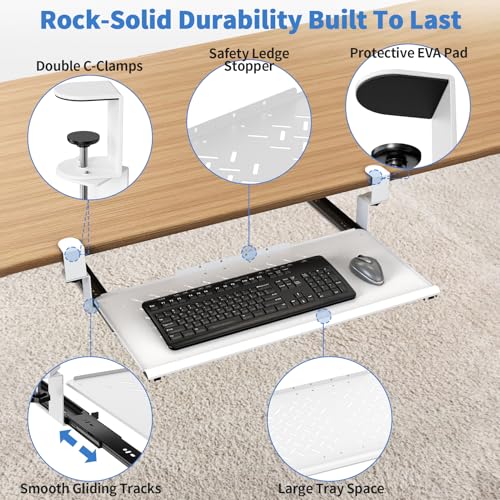 Keyboard Tray Under Desk - Full Metal Slide Out Holder, Rust-Resistant & Scratch-Proof, Double C-Clamps, 26x13" Tray for L Shape/Regular Desks, Standing/Sitting Workstation(White-A) - color: White