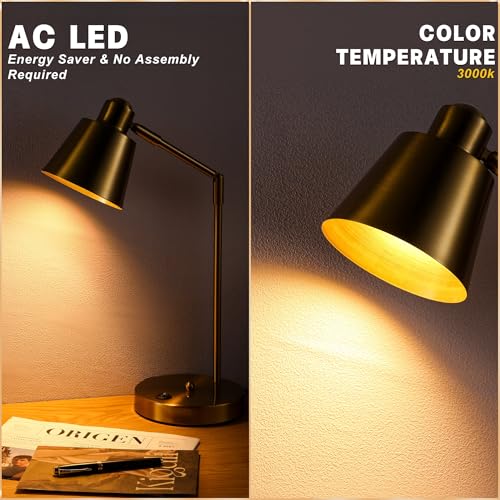 Anxingtools LED Desk Lamp with Dual USB Charging Ports, 100% Metal, 270° Swivel Arms, Soft White Light (3000K), Bedside Reading Lamp, Home Office Lamp(Golden) - color: Golden