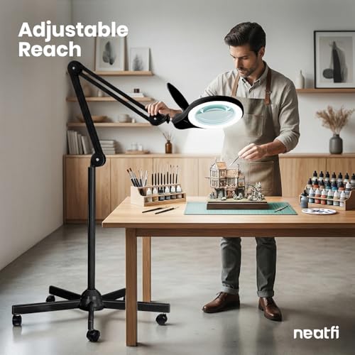 Neatfi LED Magnifying Floor Lamp 1,200 Lumens – 5” Bifocal Glass Lens, Dual Magnification 2.25X + 6X, Dimmable Task Light | Adjustable Arm, Rolling Base | Reading, Crafting & Sewing (Black, 5 Inches) - color: Black, size: 5 Inches