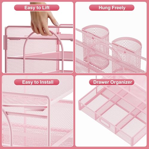Marbrasse Desk Organizer, 4-Tier Paper File Letter Tray, Pink-2P | Sturdy Paper Tray, File Holder, Built-in Drawer, 2 Pen Slots, fits Letters/Files, for School Home Office Supplies - color: Pink with Pen Holder 2P