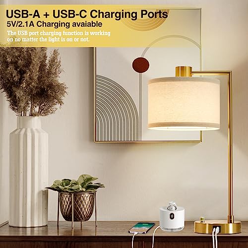 Gold Table Lamp Set of 2, Dimmable Bedside Lamps for Night Stands, USB A+C | Nightstand Lamp with Linen Lampshade, 2 LED Bulbs Included,Desk Lamp for Bedroom, Living Room, End Table, Reading, Office - color: Gold
