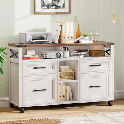 Halitaa Farmhouse Filing Cabinet with Adjustable Shelf & Wheels, Off White - color: Off White, size: 4 Drawers&Wheels