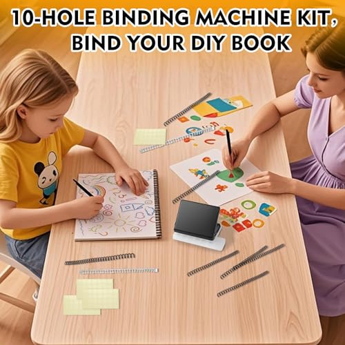 10-Hole Punch Binding Machine for Planners Mini Spiral Binding Punch Book Coil Binding Tool for A4, A5, B5 Paper, Includes 8 Spiral Coils, 2 Semi-Auto Binders and 4 Sheets Hole Reinforcements