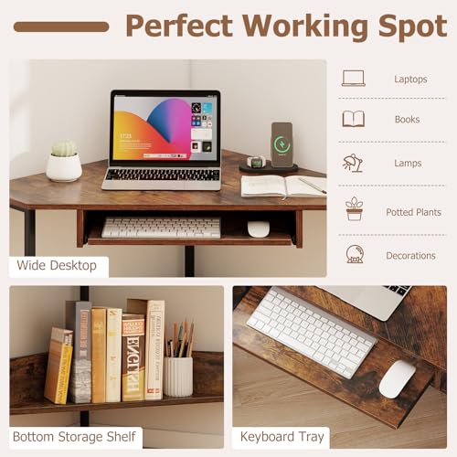 Tangkula Corner Desk with Keyboard Tray, 90-Degree Triangle Corner Computer Desk for Small Space, Industrial Writing Desk with Storage Shelf, Space-Saving Laptop PC Desk (Rustic Brown)