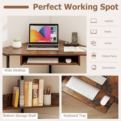 Tangkula Corner Desk with Keyboard Tray, 90-Degree Triangle Corner Computer Desk for Small Space, Industrial Writing Desk with Storage Shelf, Space-Saving Laptop PC Desk (Rustic Brown)