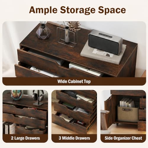 POWERSTONE Rolling File Cabinet 5-Drawer & One Side Door Storage Unit, Wood Printer Stand Drawer Cabinet with 5 Metal Wheels(2 Self-Locking) for Home Office, Coffee - color: Coffee