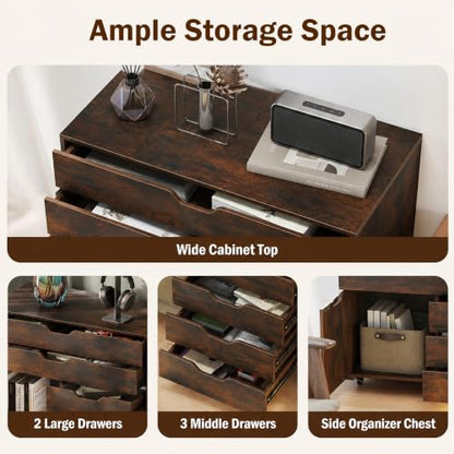 POWERSTONE Rolling File Cabinet 5-Drawer & One Side Door Storage Unit, Wood Printer Stand Drawer Cabinet with 5 Metal Wheels(2 Self-Locking) for Home Office, Coffee - color: Coffee