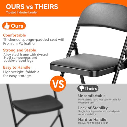 Fenbeli 2 Pack Padded Folding Chairs with Cushion, Black PU Leather Foldable Chairs for Dining, Balcony & Spare Guest Pair, 330-Pound Heavy-Duty Steel Frame, Auto-Lock Hinge, Wipe-Clean, Folds Flat - color: Black, size: Set of 2