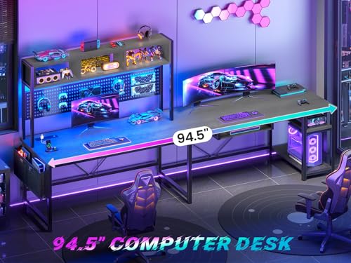 SEDETA L Shaped Office Desk with Hutch, Reversible 94.5" Computer Desk | L Shaped Gaming Desk with LED Light, Keyboard Tray, Storage Shelves and Headphone Hook for Home Office, Grey - color: Grey With Power Outlet and Pegboard