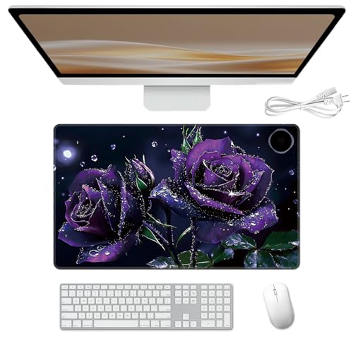 Heated Desk Pad 23.6" x 14.2" 3 Large Heated Mouse Pad with Heat Levels (40°C/45°C/50°C) & 3H Auto Shut-Off Desk Mat Fast Heating PU Leather Warmer Mousepad for Home Office - Purple Rose Flowers - color: Purple Rose Flowers, size: 23.6 x 14.2 inch