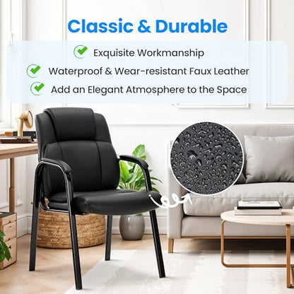 HealSmart Leather Guest Chair with Padded Arm Rest for Office Reception Set of 2, Waiting Room, Meeting Conference, Lobby Home Desk Table Side Chairs for Elderly, Seniors, Black - size: Leather Chairs 2 Pack