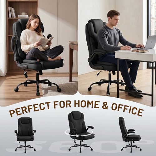 Ergonomic Office Chair, PU Leather High Back Executive Chair with Adjustable Inflatable Lumbar Support and Padded Flip-Up Arms, Recline Swivel Task Computer Chair for Home Office, Black - color: Black
