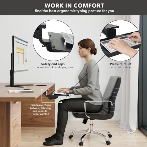 Mount-It! Under Desk Keyboard Tray, Adjustable Slide-Out Keyboard & Mouse Platform, 26.38" W × 10" D, Ergonomic Wrist Rest, Height Tilt & Swivel, Heavy-Duty Bolt-On Keyboard Drawer for Home Office