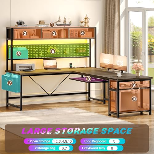 SEDETA L Shaped Gaming Desk with LED Lights and Pegboard for Home Office | Reversible 94.5" Computer Desk with Power Outlet, Keyboard Tray, Storage Shelves and Headphone Hook, Walnut Brown - color: Walnut With Power Outlet and Pegboard