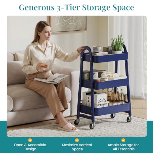 OLIXIS Metal 3 Tiers Rolling Storage Utility Cart with Lockable Wheels - color: Blue, size: 3-Tiered 17 inches