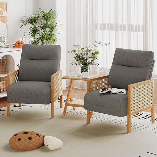Andeworld Taupe Accent Chairs Set of 2,Upholstered Modern Living Room Chairs with Natural Rattan Arm, Side Chair for Bedroom Club Balcony Reception Room - color: Taupe, size: 2