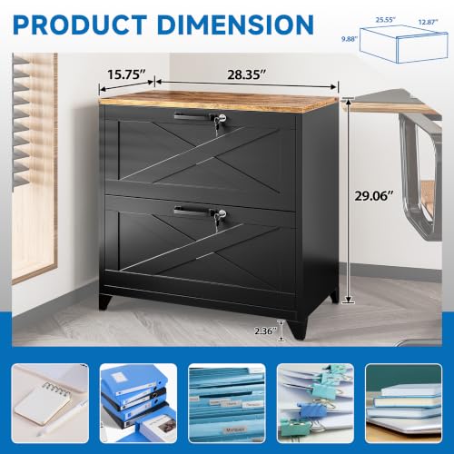 BYNSOE 2 Drawer Lateral File Cabinet Metal Filing Cabinet with Lock Office Home Steel Lateral File Cabinet for A4 Legal/Letter Size Lockable Wide Metal Cabinet,Assembly Required - color: Black, size: 2 Drawers-2