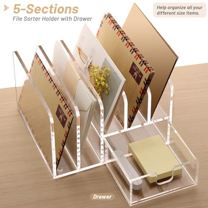 SANRUI Clear Acrylic Mail Organizer with 5 Compartments and 1 Drawer - size: 5 Slots with Drawer