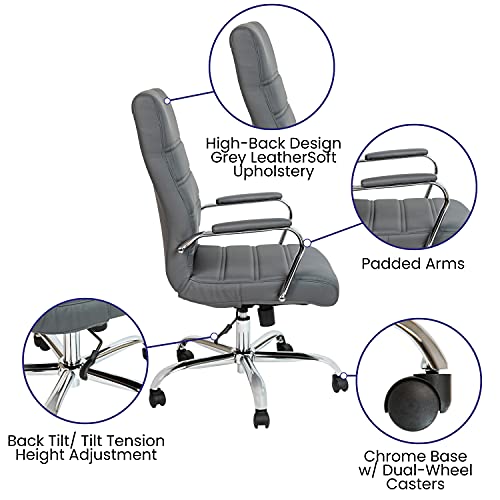 Flash Furniture LeatherSoft Executive Office Chair, Gray/Chrome | 360° Swivel, Height Adjustable, Commercial Grade - color: Gray Leathersoft/Chrome Frame