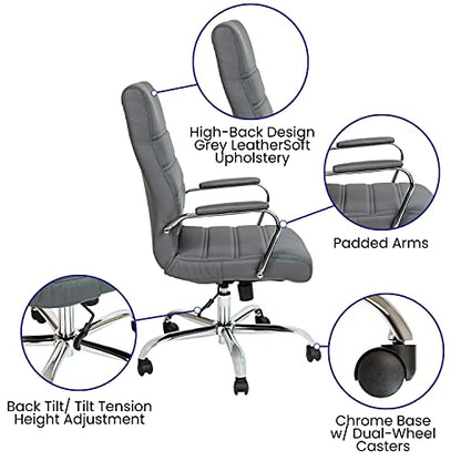 Flash Furniture LeatherSoft Executive Office Chair, Gray/Chrome | 360° Swivel, Height Adjustable, Commercial Grade - color: Gray Leathersoft/Chrome Frame
