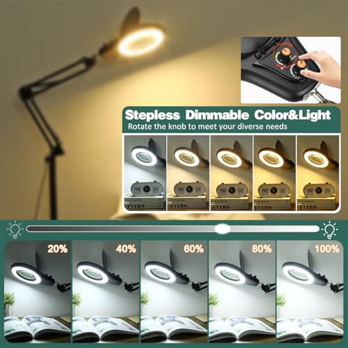 15X Magnifying Glass with Light and Stand, Bright 2,200 Lumens for Multi-Color Modes Dimmable, 3-in-1 Adjustable Swing Arm Floor Lamp, Hands Free Lighted Magnifier for Reading Crafts, Black