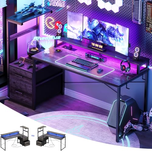 Aheaplus Gaming Desk with LED Strip & Power Outlet, 59Inch Reversible Computer Desk with Monitor Stand & Storage Shelves, Home Office Desks with Fabric File Drawer, Gamer Table PC Desk, Black Oak - color: Black Oak