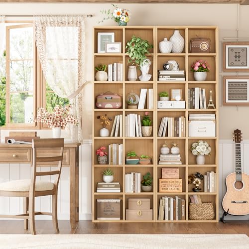 FOTOSOK Bookshelf Bookcase 7-Tier Narrow Bookshelf Tall CD Media Tower Rack - color: Natural